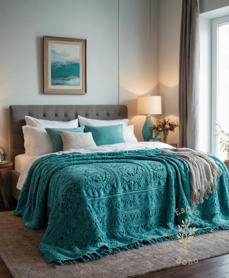A bohemian turquoise blanket draped elegantly on a bed.