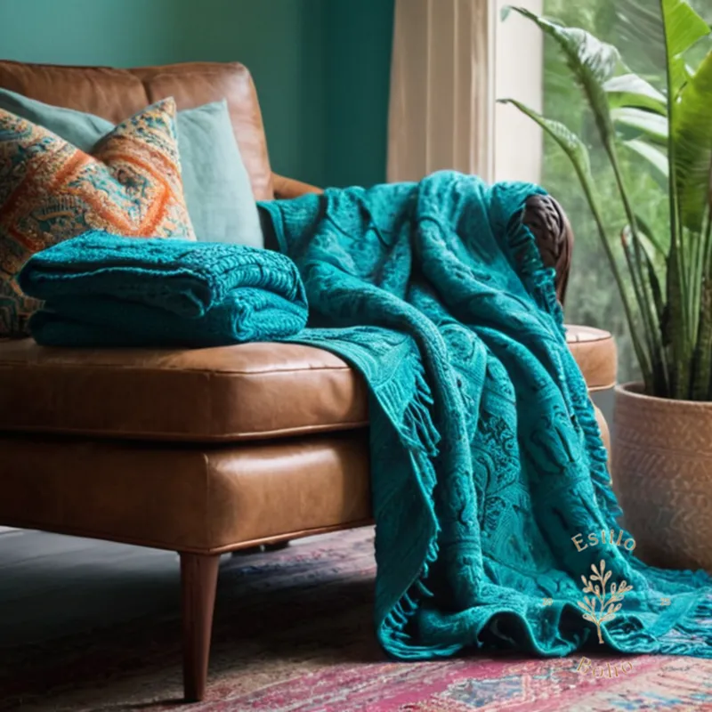 A vibrant, turquoise-colored bohemian throw blanket being carefully hand-washed.