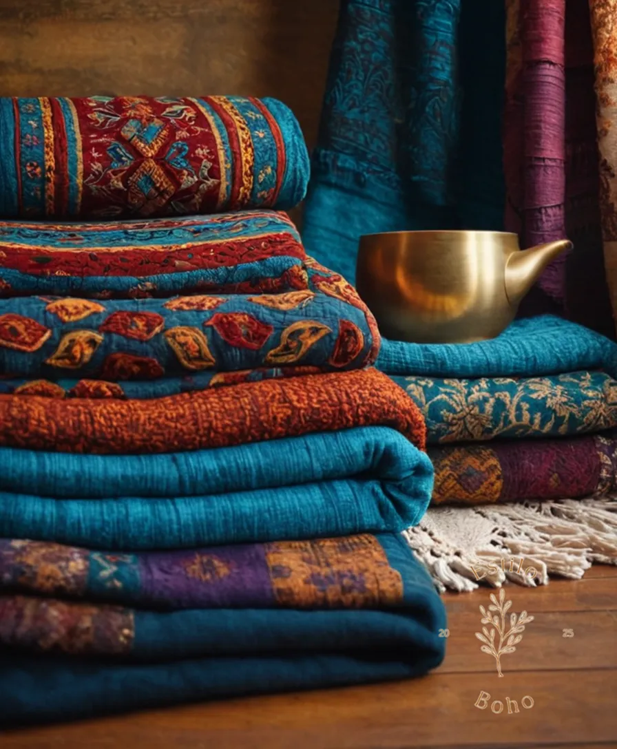 Handmade bohemian blankets artfully draped on a colorful textile background.