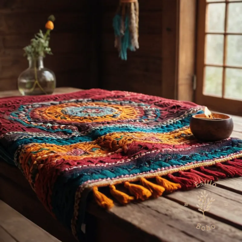 A beautiful, hand-embroidered bohemian blanket on a rustic wooden table.