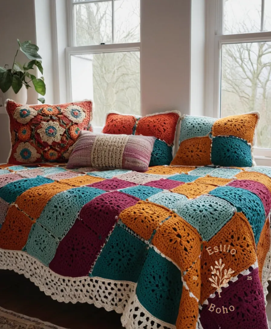 1-3 bohemian crochet blankets on a single bed.