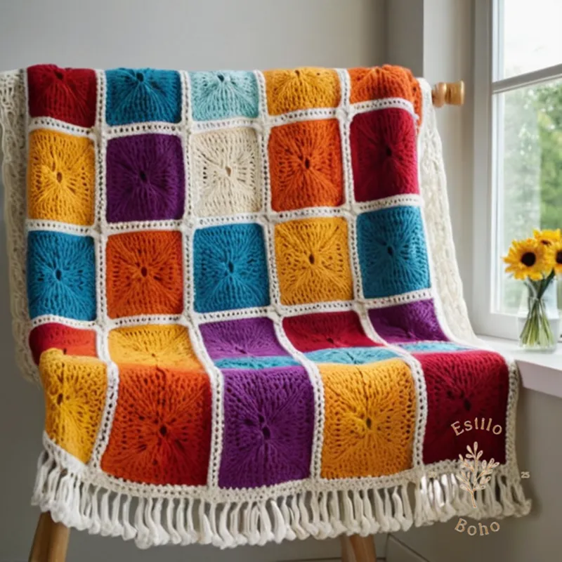 A colorful hooked, handmade crochet blanket being gently washed.