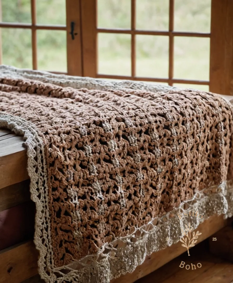 Handmade crocheted blankets draped ornately on a rustic wooden bed.