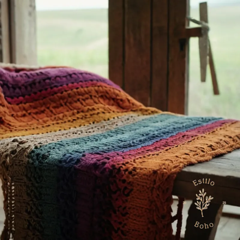 A colorful, hand-knitted bohemian blanket being gently washed by machine.
