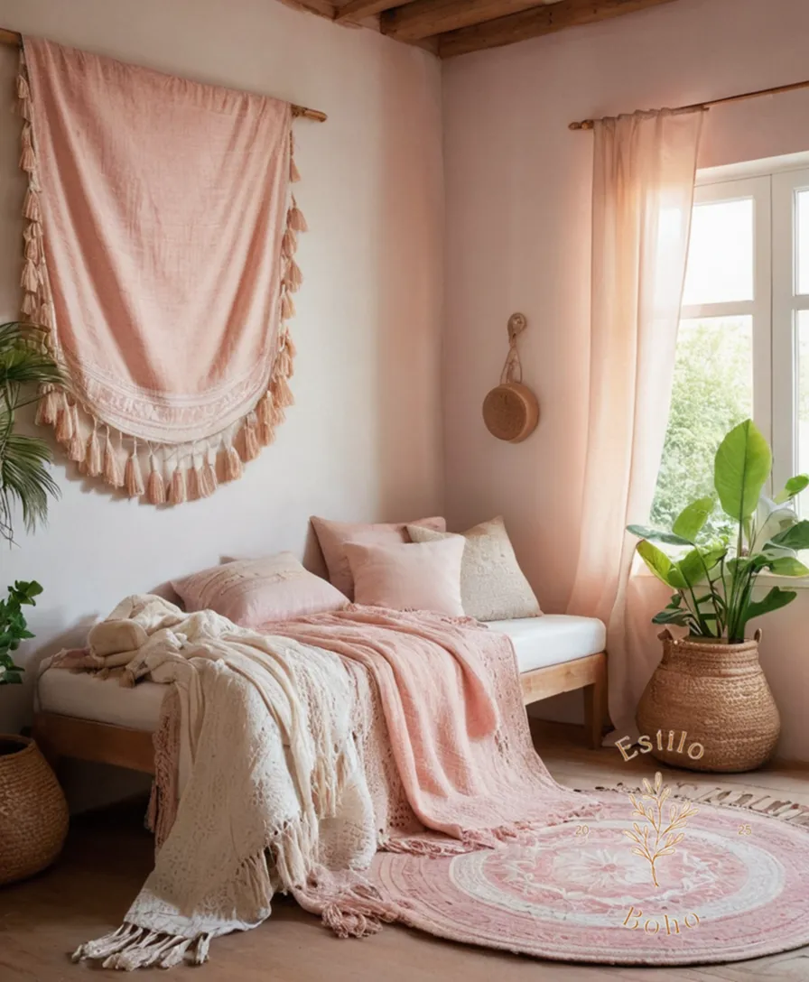 A serene, pastel-colored bohemian room with organic cotton textiles.