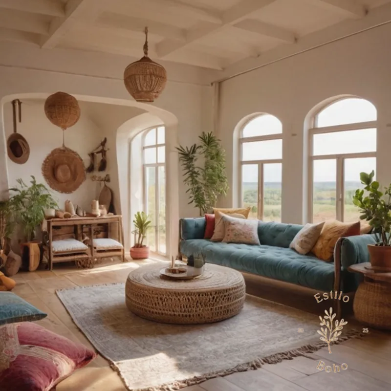 A bohemian, eco-friendly living room with soft cotton fabrics.