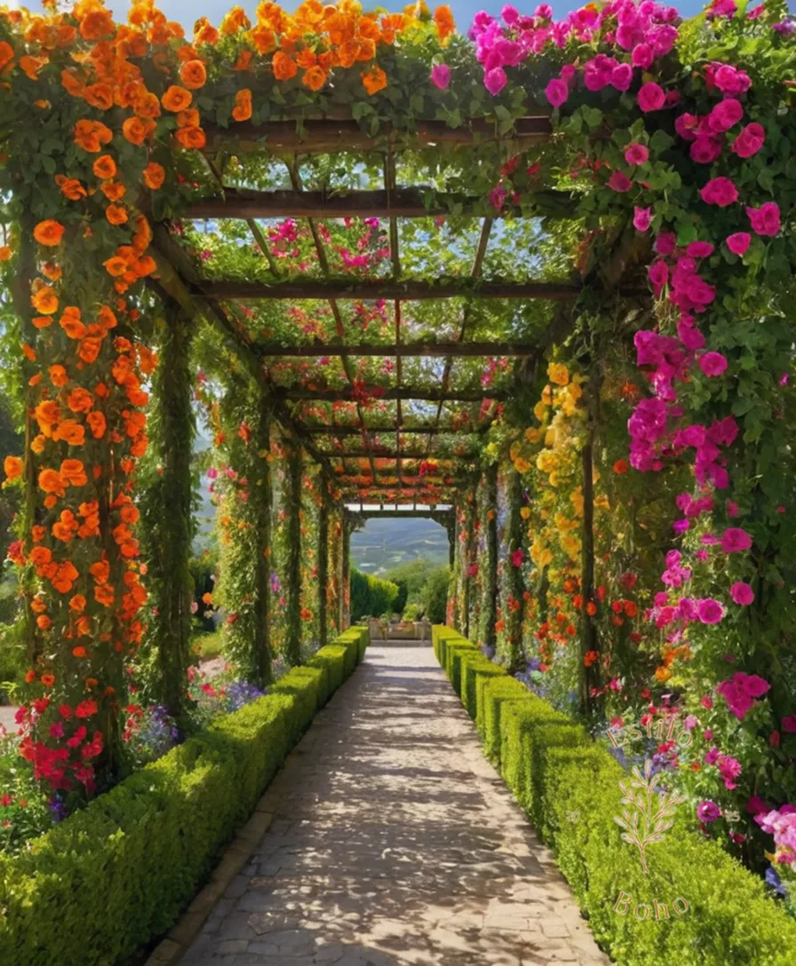 2 vibrant, blooming trellises covered with colorful flowers.