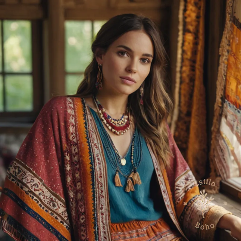 2-3 bohemian-style clothing items with contrasting textures and colors.