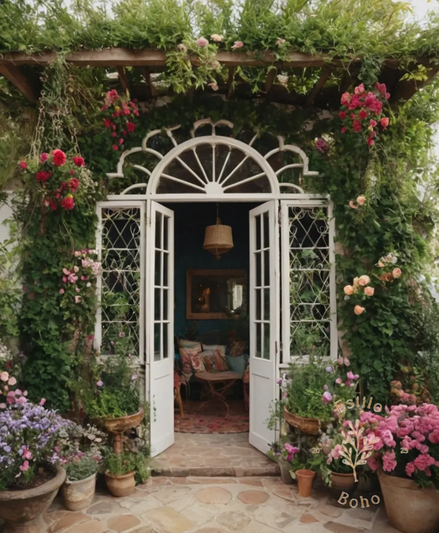 A lush, flowering trellis with a bohemian-inspired decor style.