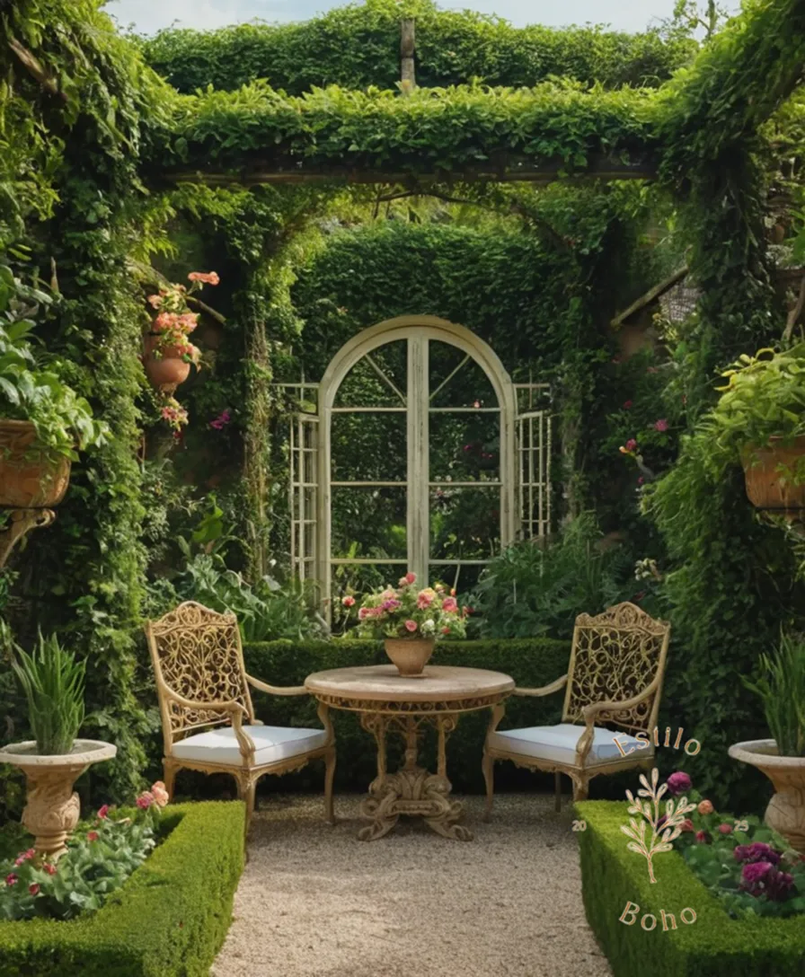 a lush, eclectic garden scene with trellises and ornate decor.