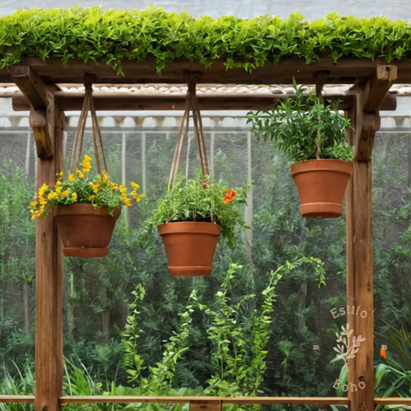 3 vibrant plants suspended from a rustic wooden trellis.