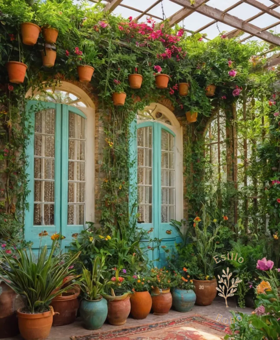 3-4 trellising plants embracing a colorful bohemian-style garden.