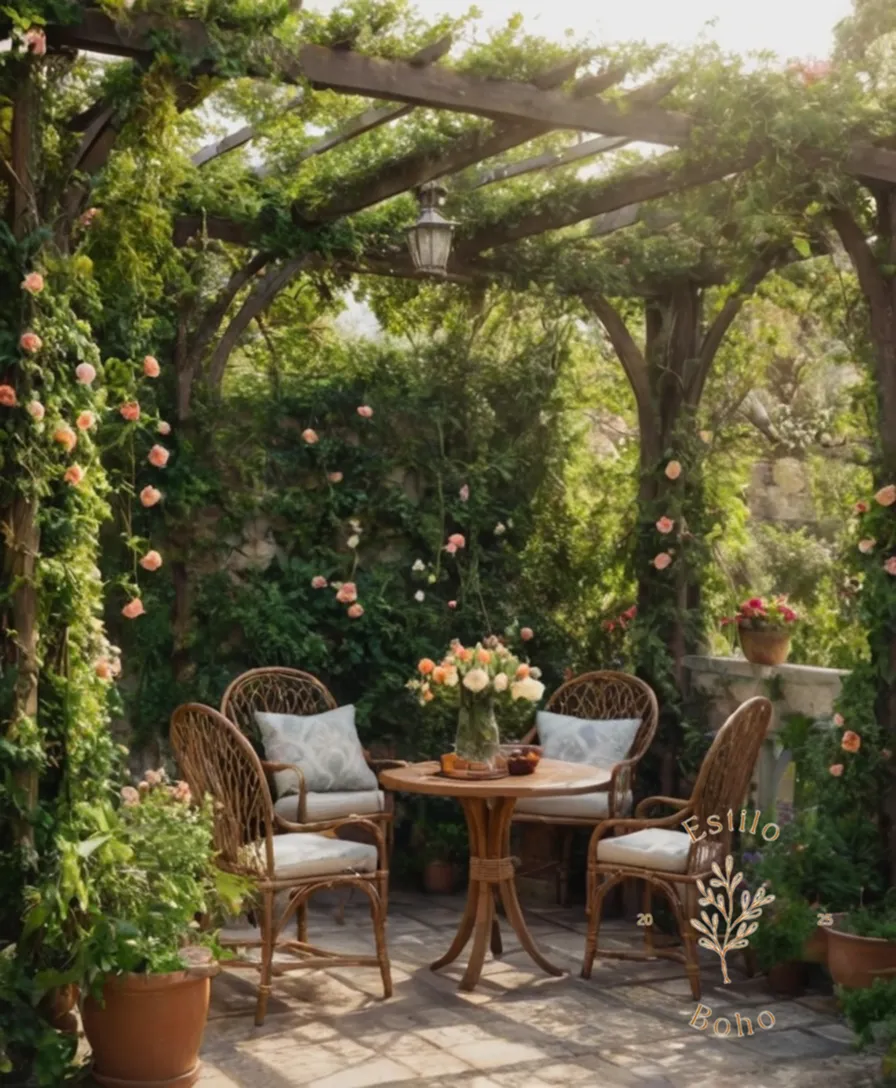 A lush, bohemian garden with a trellised pergola and vines.