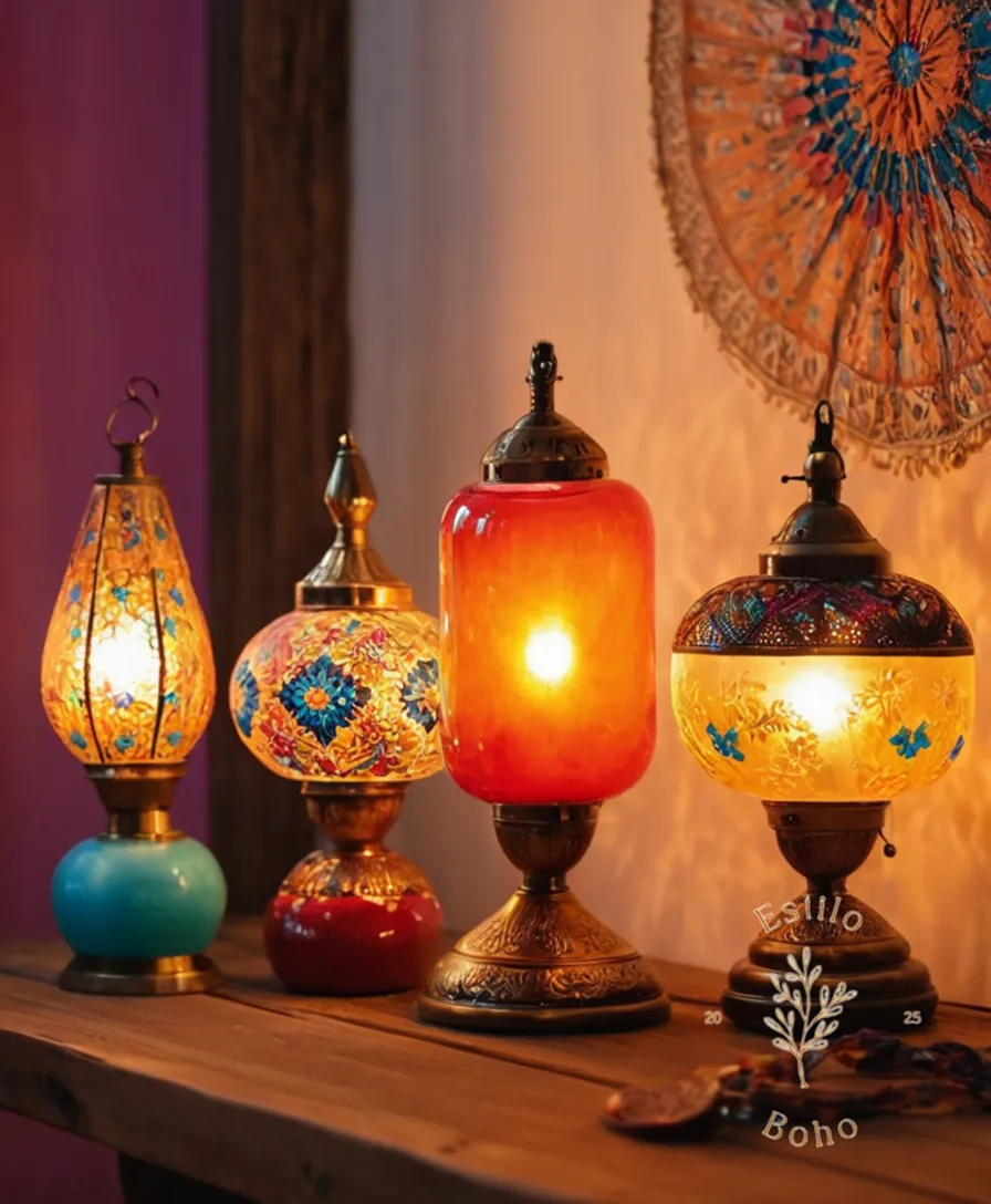 3 stylish bohemian-style lamps arranged on a colorful wooden table.