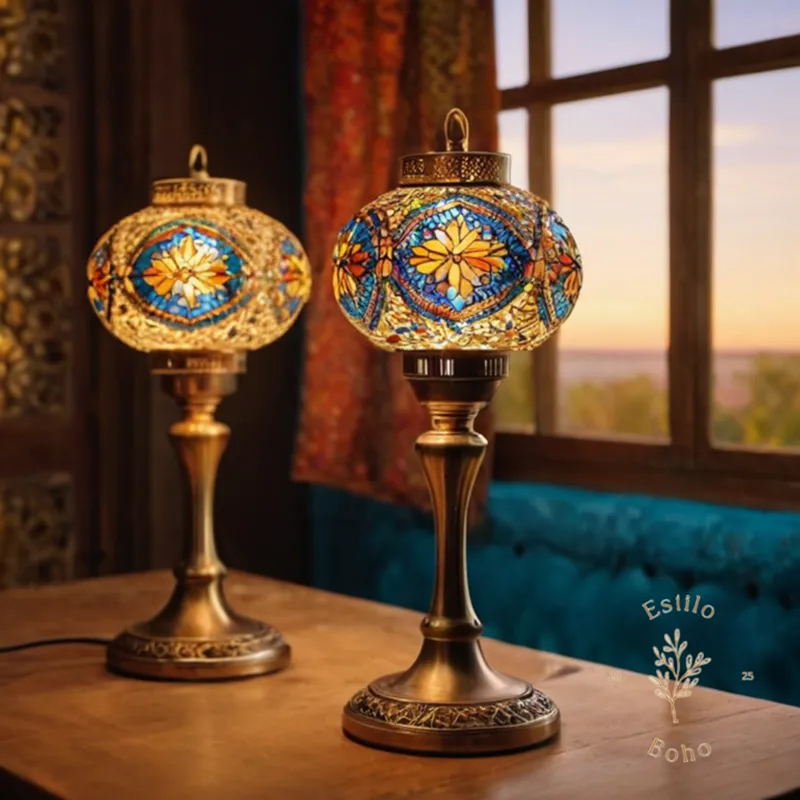 2-3 bohemian-inspired lamps on a colorful background, possibly vintage-style.