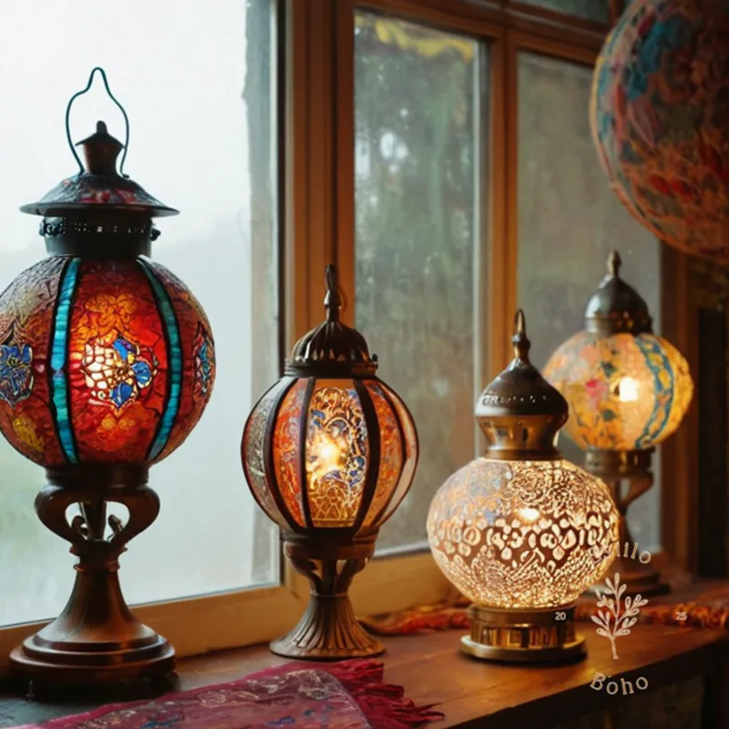 3 bohemian lamps with varying styles and textures being cleaned.