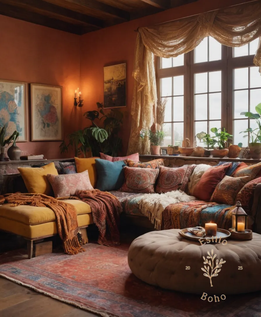 A cozy bohemian-inspired living room, richly draped fabrics.