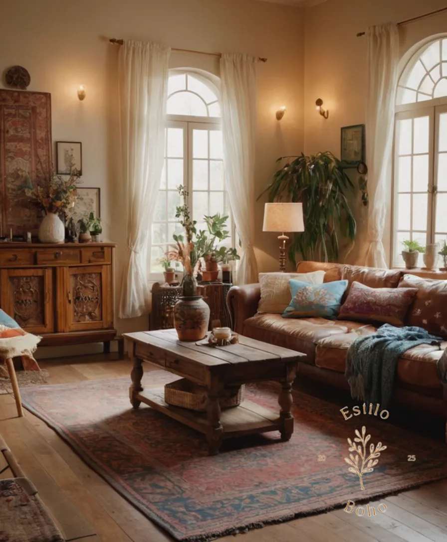 A cozy bohemian-inspired living room decorated with vintage furniture.