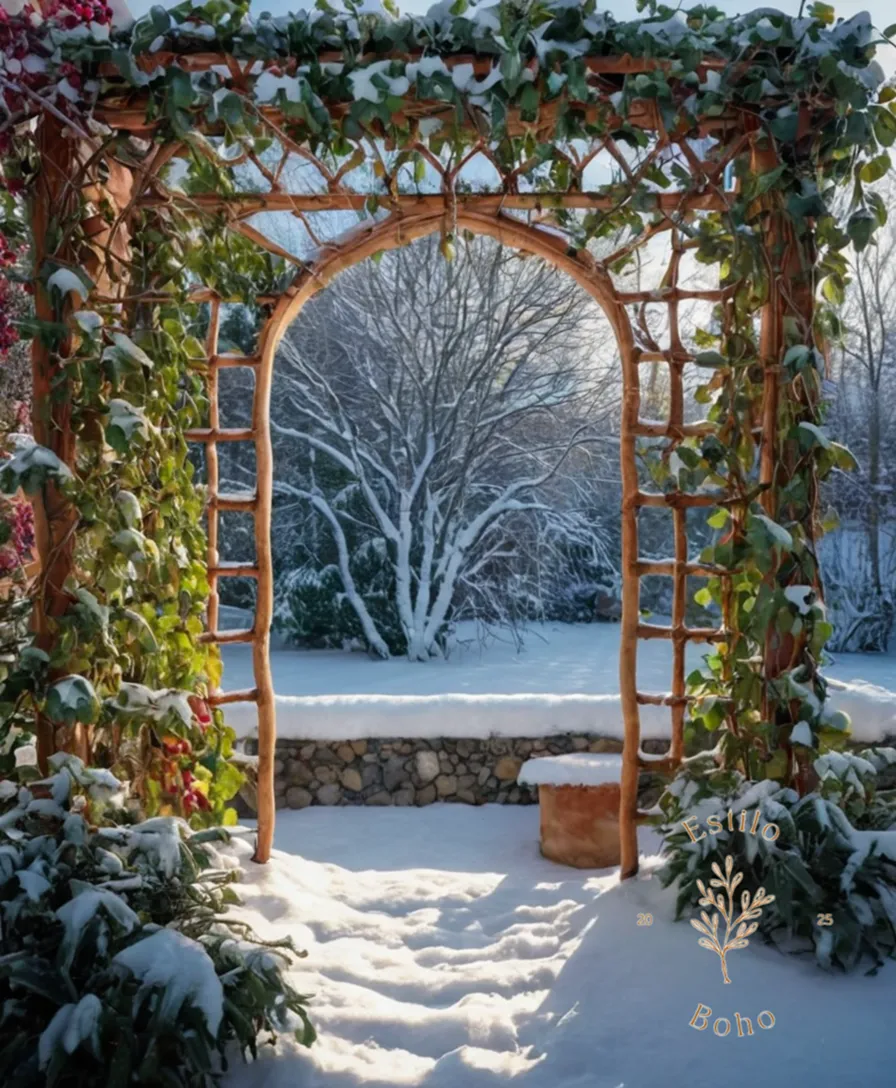 Vibrant winter vines on a snowy bohemian garden trellis.