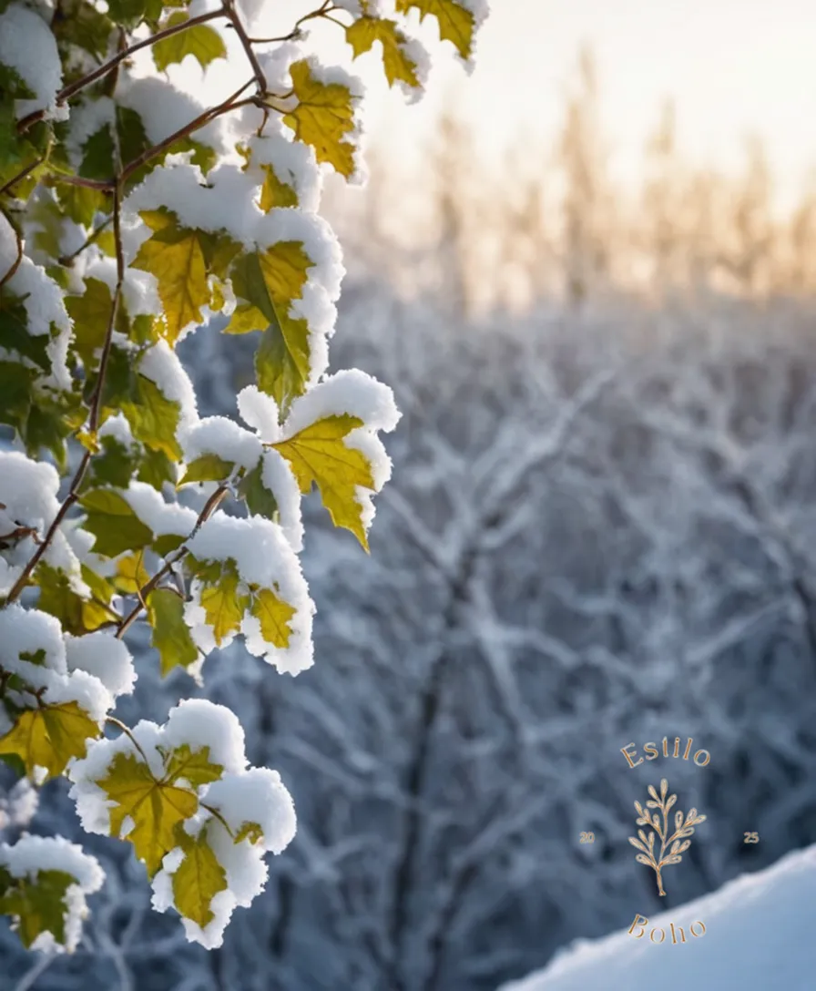 Winter-hardy vines with snow-covered leaves on a frosty background.