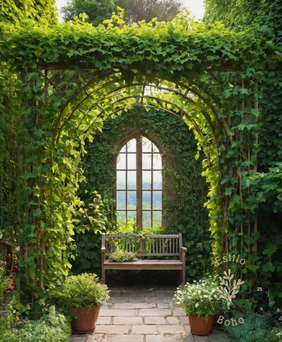 A beautiful, lush vine-covered trellis in a bohemian garden setting.