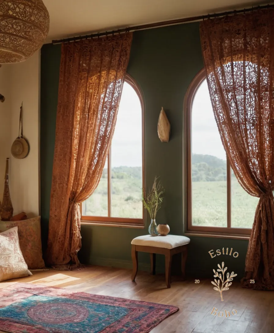 3-dimensional organic cotton curtains hanging in bohemian-inspired room setting.