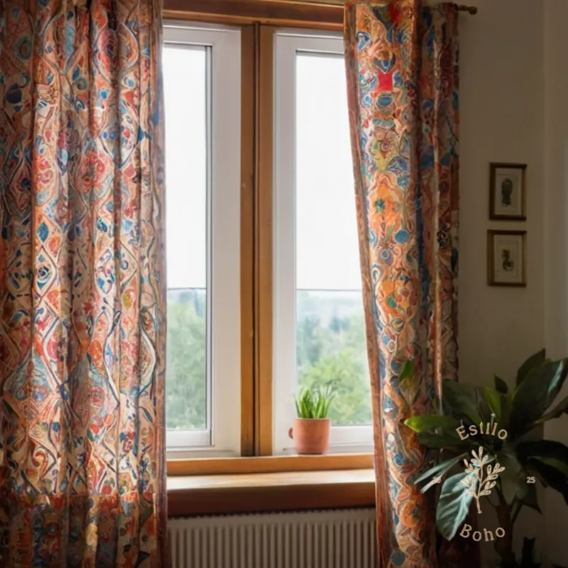4 bohemian curtains made from organic cotton on a windowsill.
