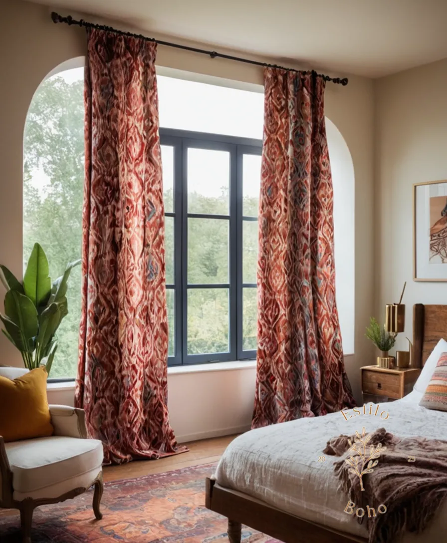 A beautifully styled room with Ikat boho curtains.