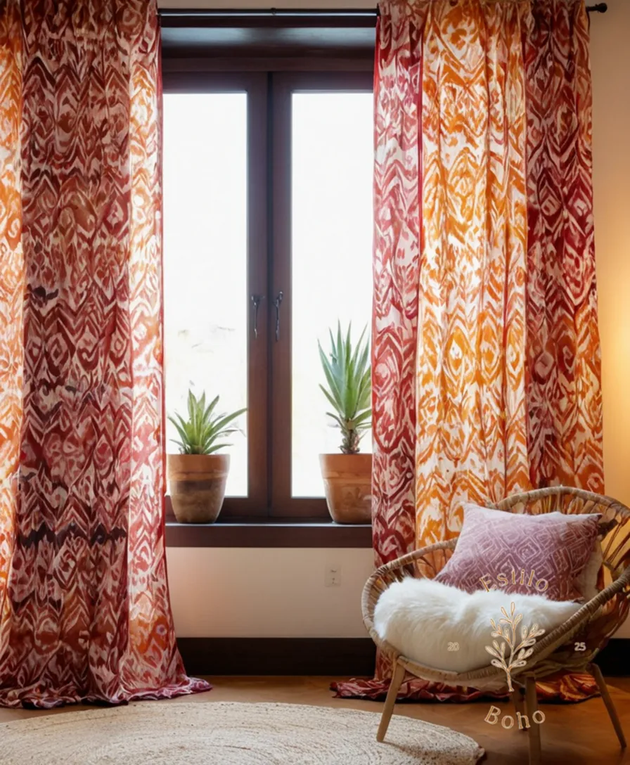 2 beautifully designed, bohemian organic Ikat curtains on display.