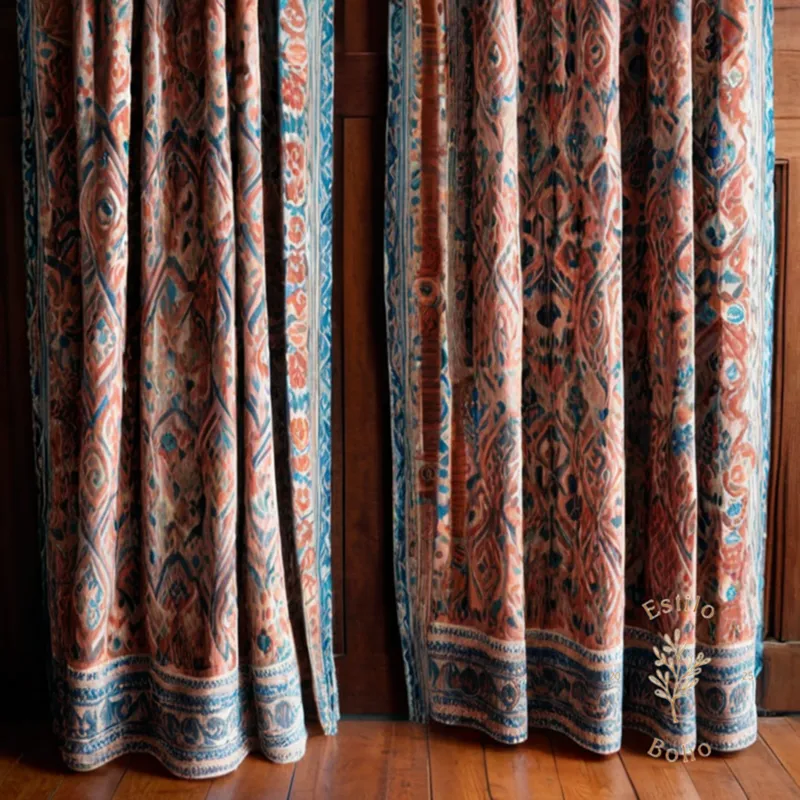 Organic cotton ikat boho curtains folded on a stylish wooden background.