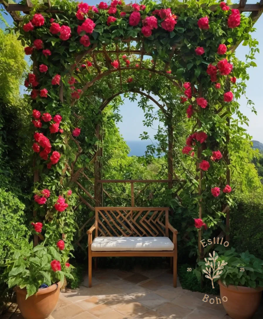 A lush, vibrant trellis with exotic climbing plants in bloom.