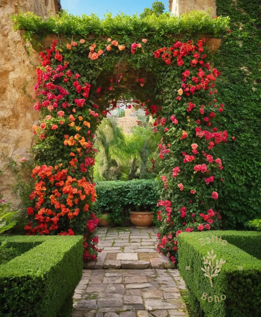 A colorful, lush trellis overgrown with vibrant climbing plants.