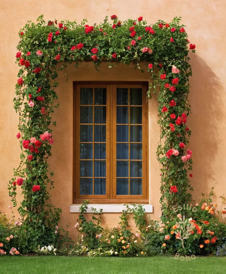 3-4 colorful trellises with vines and flowers at varying stages.