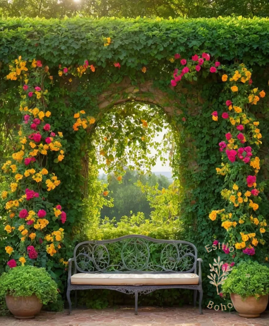 A lush, colorful trellis overgrown with flowering vines.