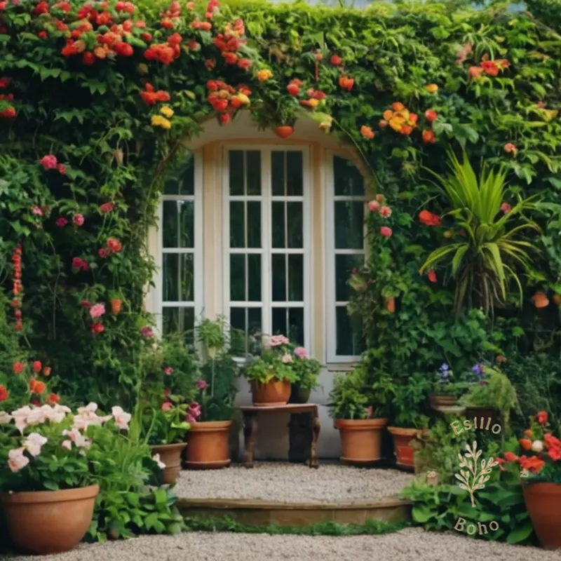 A lush, vibrant bohemian garden with climbing plants.
