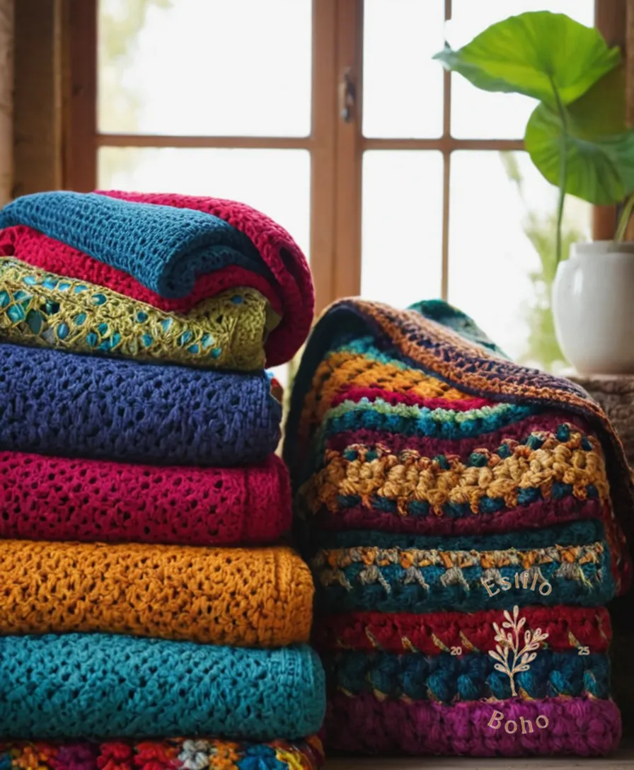 5-6 vibrant, colorful crochet bohemian blankets in various stages.
