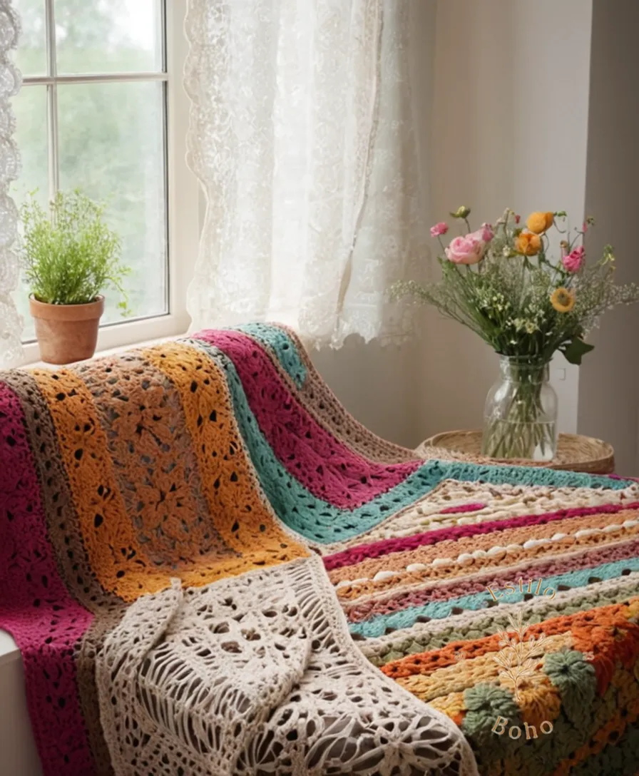 2 bohemian crocheted blankets with various decorative patterns and flowers.