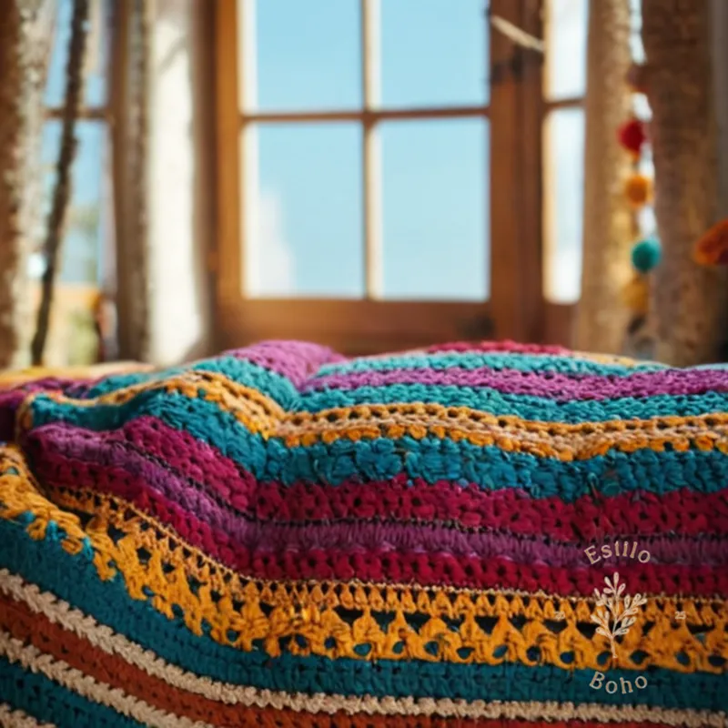 A colorful, crocheted bohemian blanket close-up.