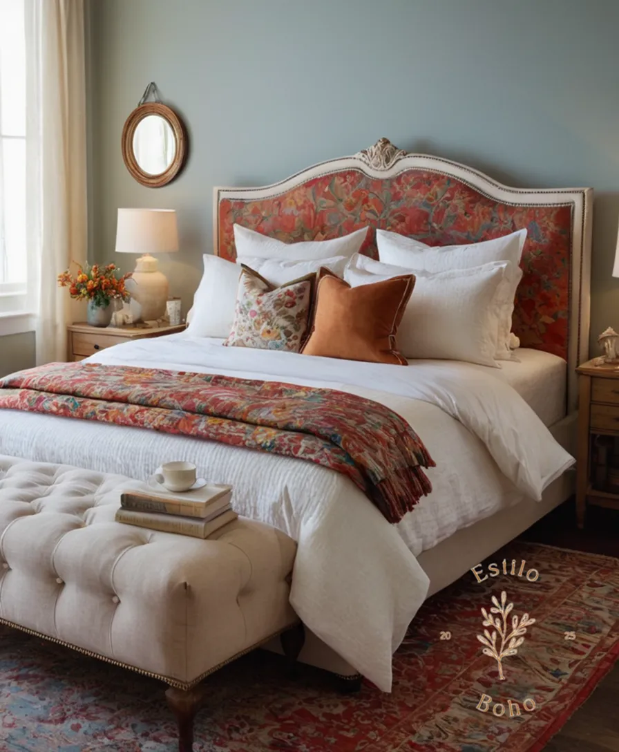 4 beautifully layered, eclectic fabrics on a bed frame.