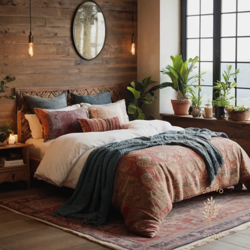 A stylish, bohemian-inspired bed setting with lush textiles nearby.
