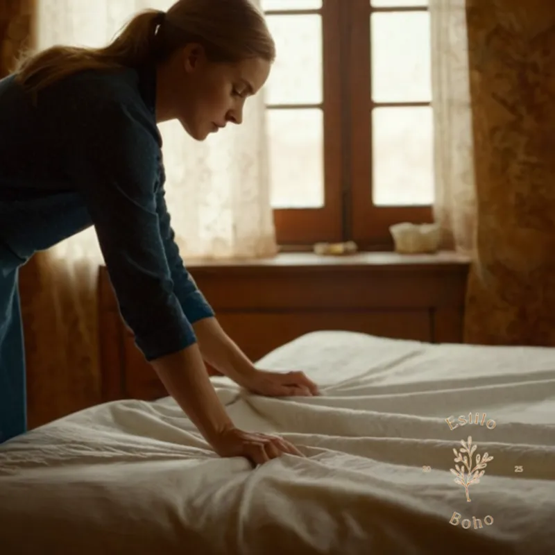 A person in a cozy bedroom, gently cleaning a stained sheet.