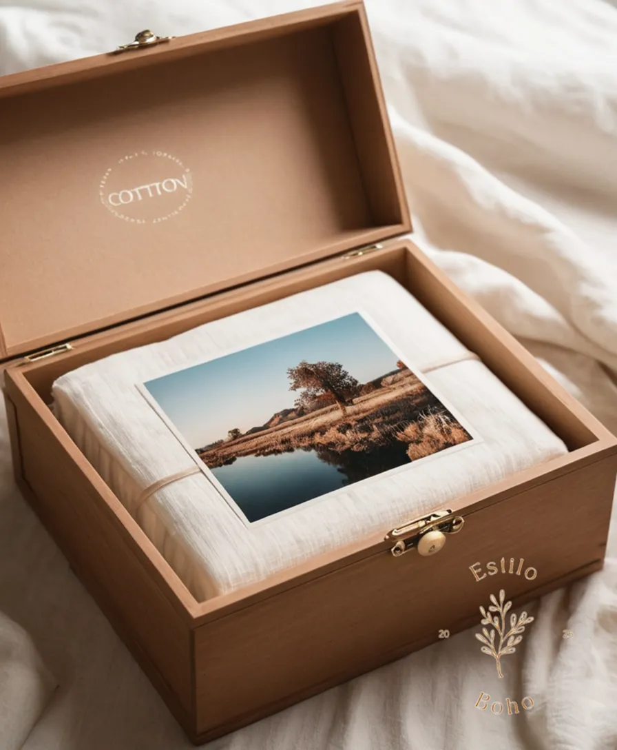 A photo album or storage box filled with soft organic cotton.