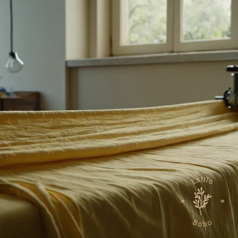 A wrinkled organic cotton fabric being gently ironed.