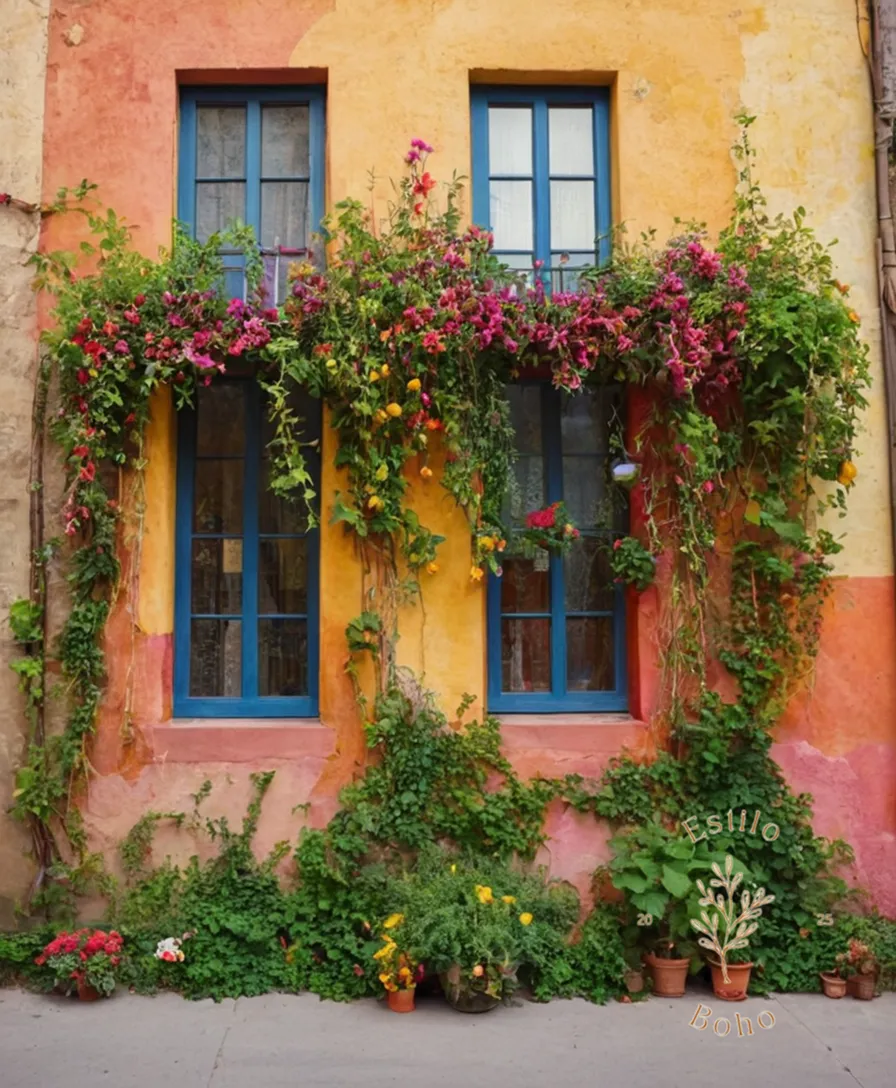 5 colorful bohemian vines wrapping around a cityscape wall.