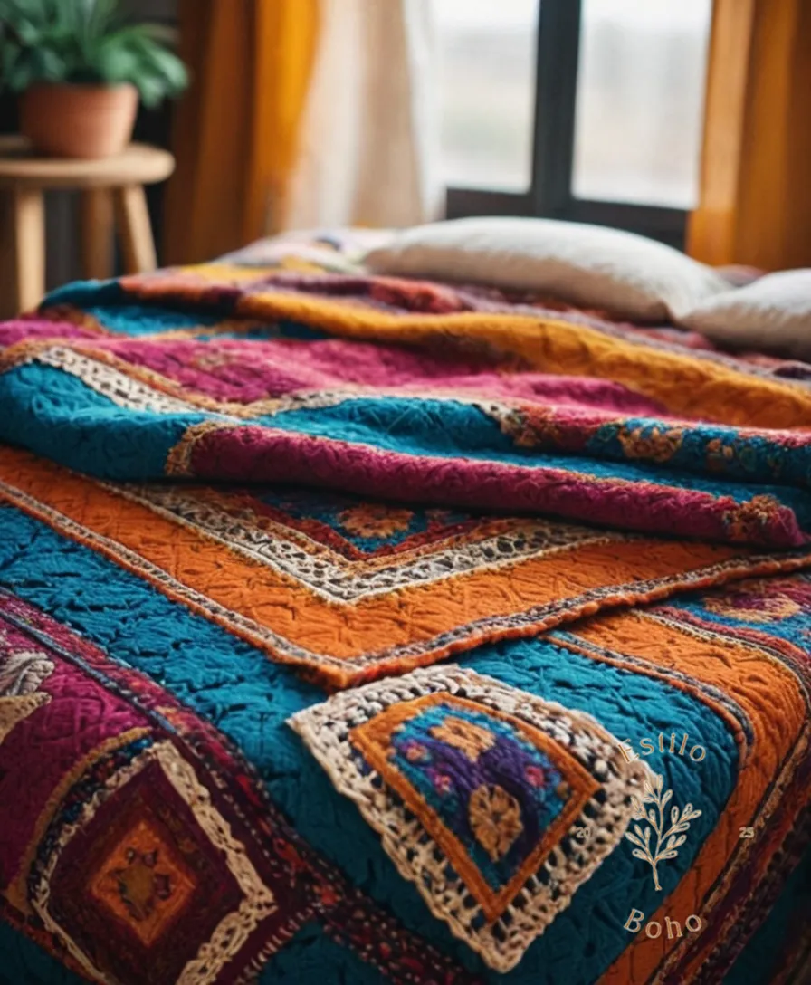 A bohemian throw blanket with vibrant colors and patterns.