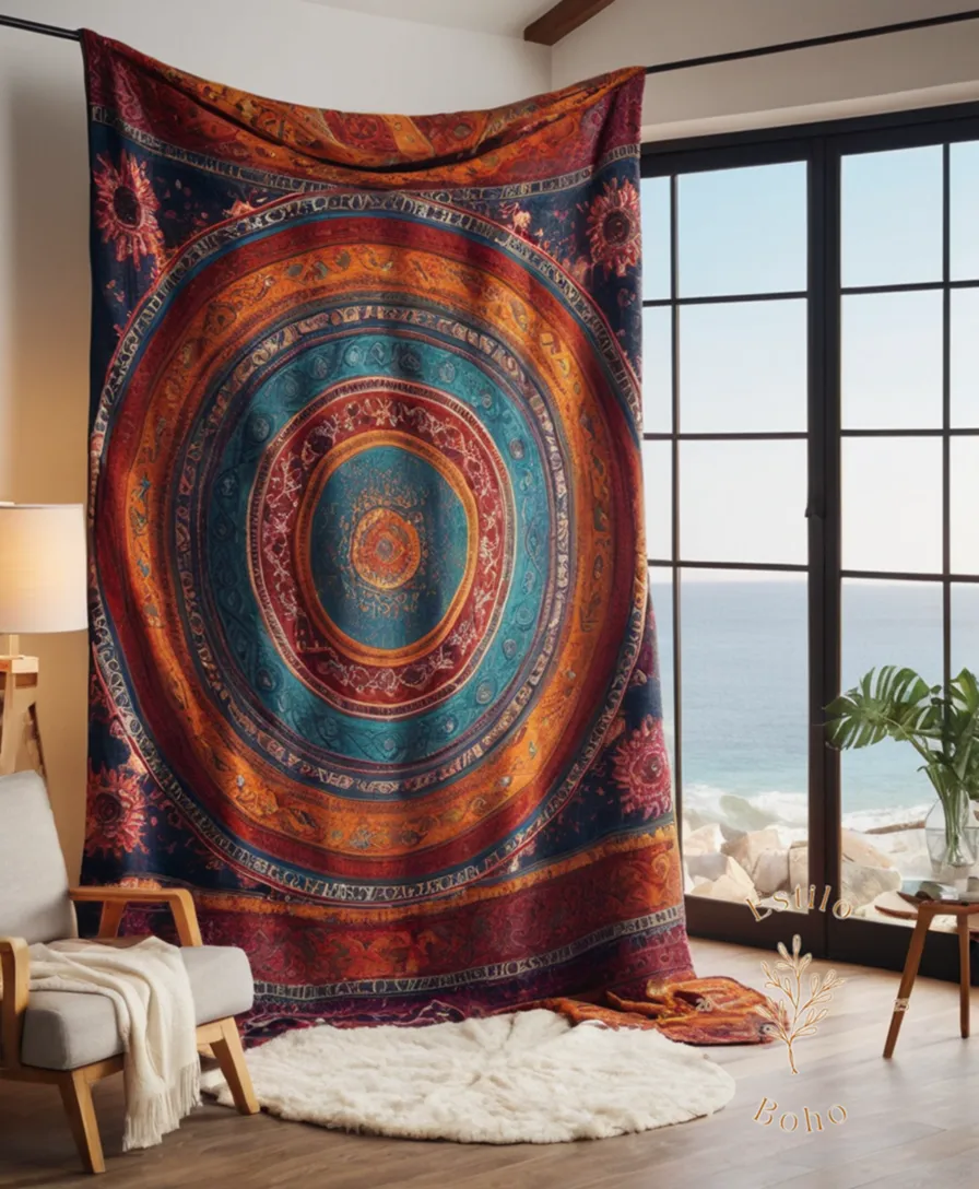 A stylized, colorful bohemian-style throw blanket or wrap.