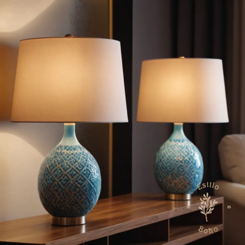2 stylish lamps standing at different heights on a trendy living room background.