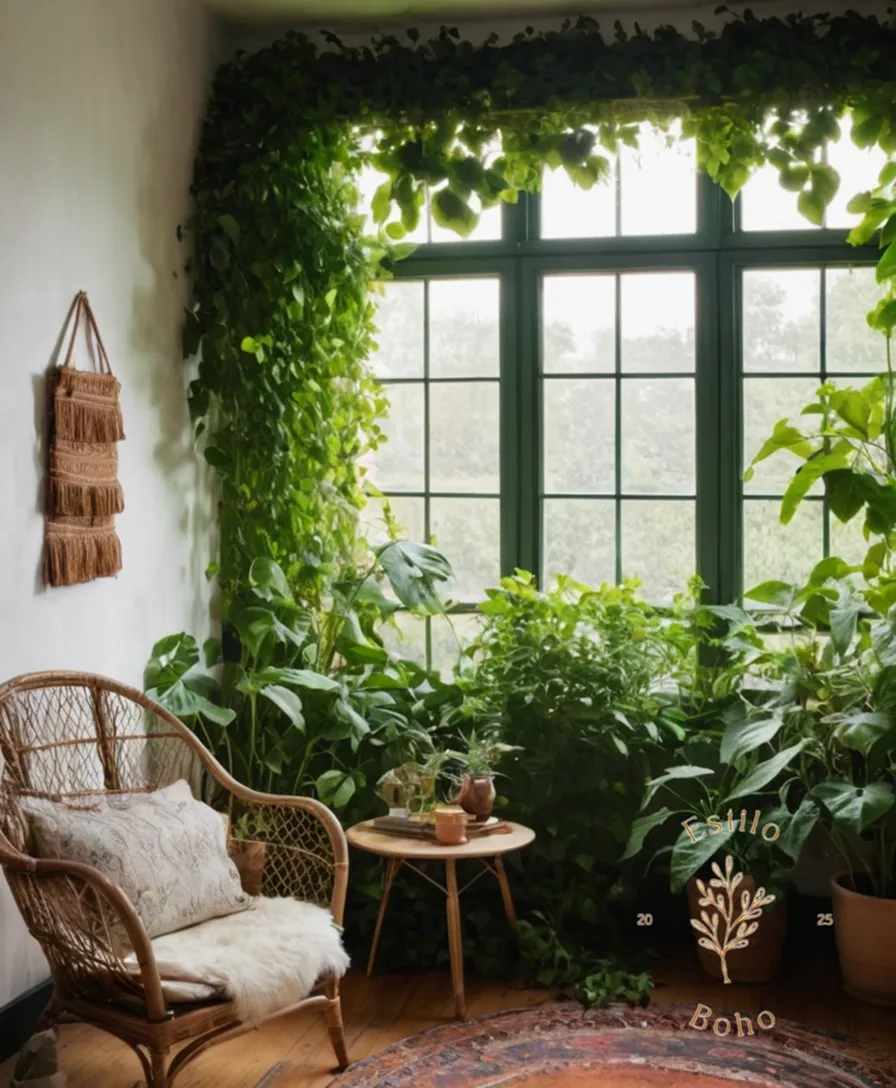 Lush green climbing plants entwined around eclectic bohemian decor.