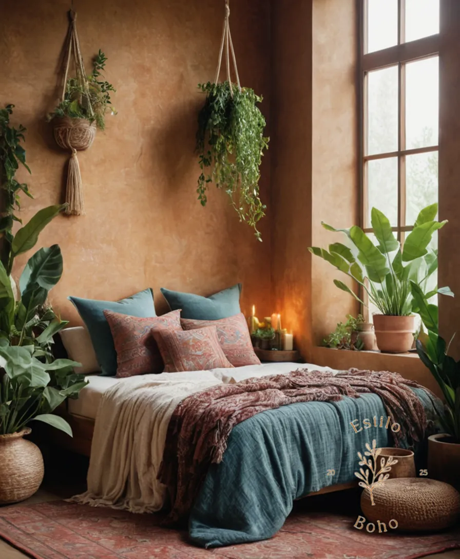 Natural fabric textures and plants arranged boho-style indoors.