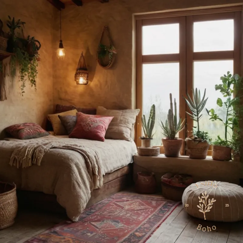 A bohemian-inspired room with combined natural textures and decorations.